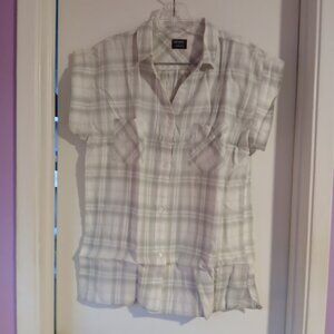 Untuckit Villefranchie Women's Grey Ivory Plaid Cap Sleeve Button Up SZ 4